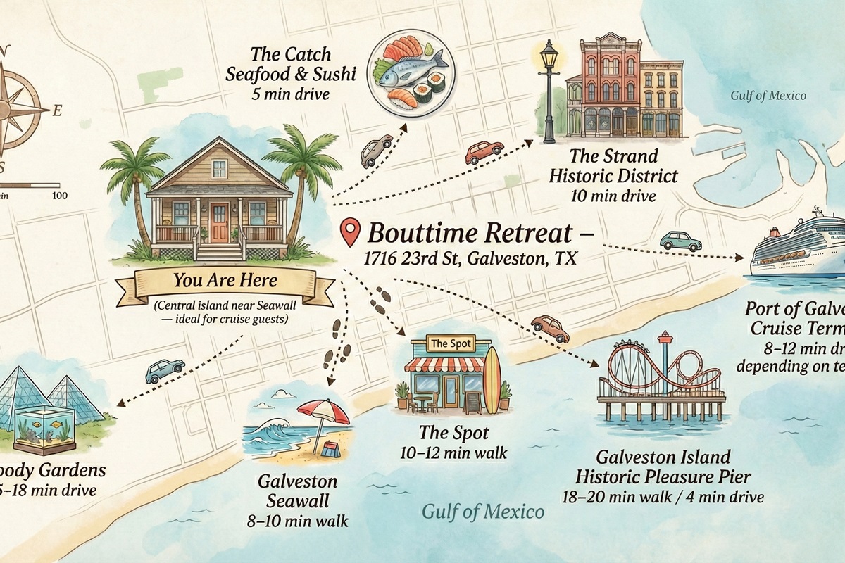 Perfectly positioned near the beach, Pleasure Pier, cruise terminals, and The Strand. Whether you're here for sand, seafood, or sailing away on a cruise, everything is conveniently close.