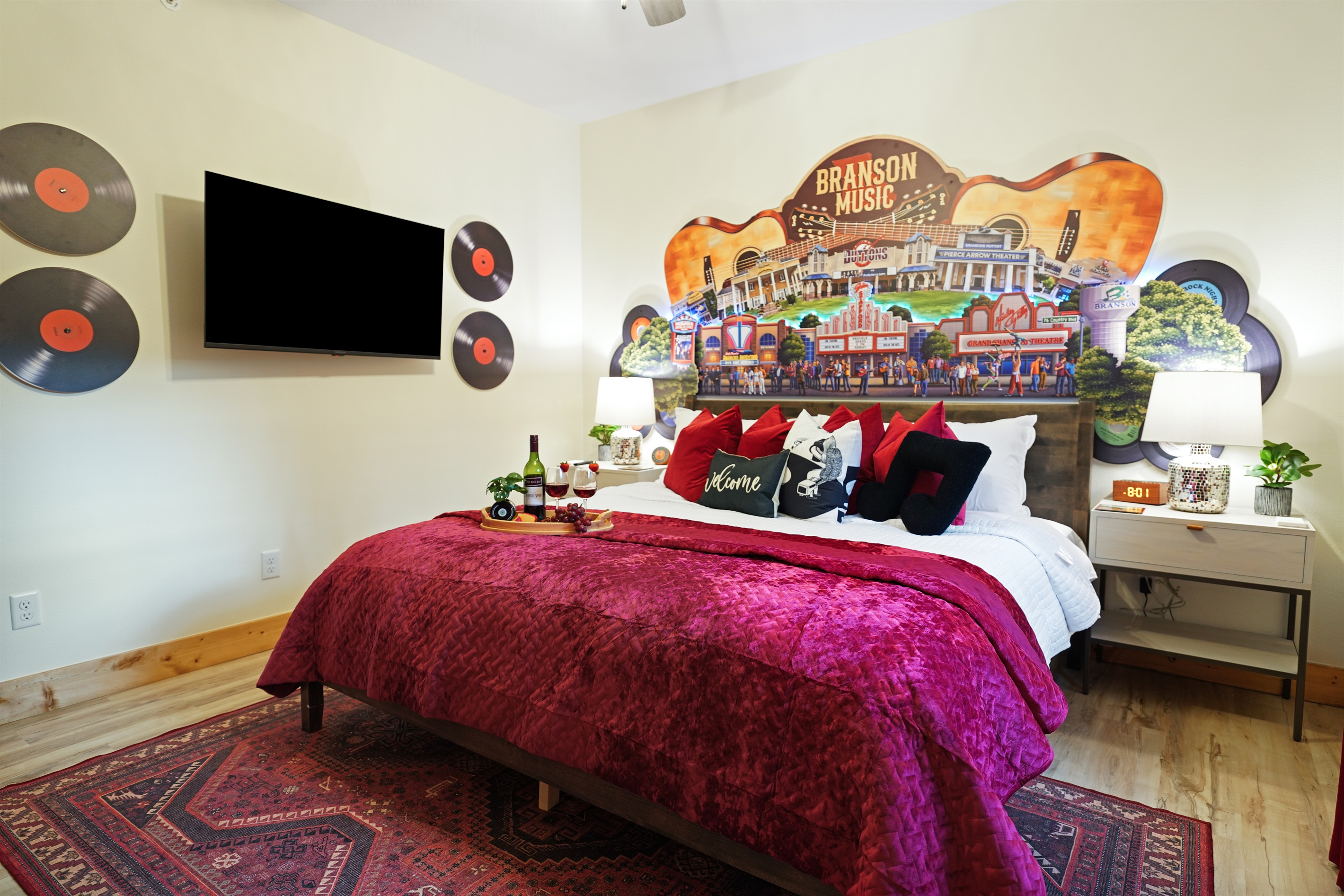 Luxury king mattress with large smart TV and attached ensuite bathroom