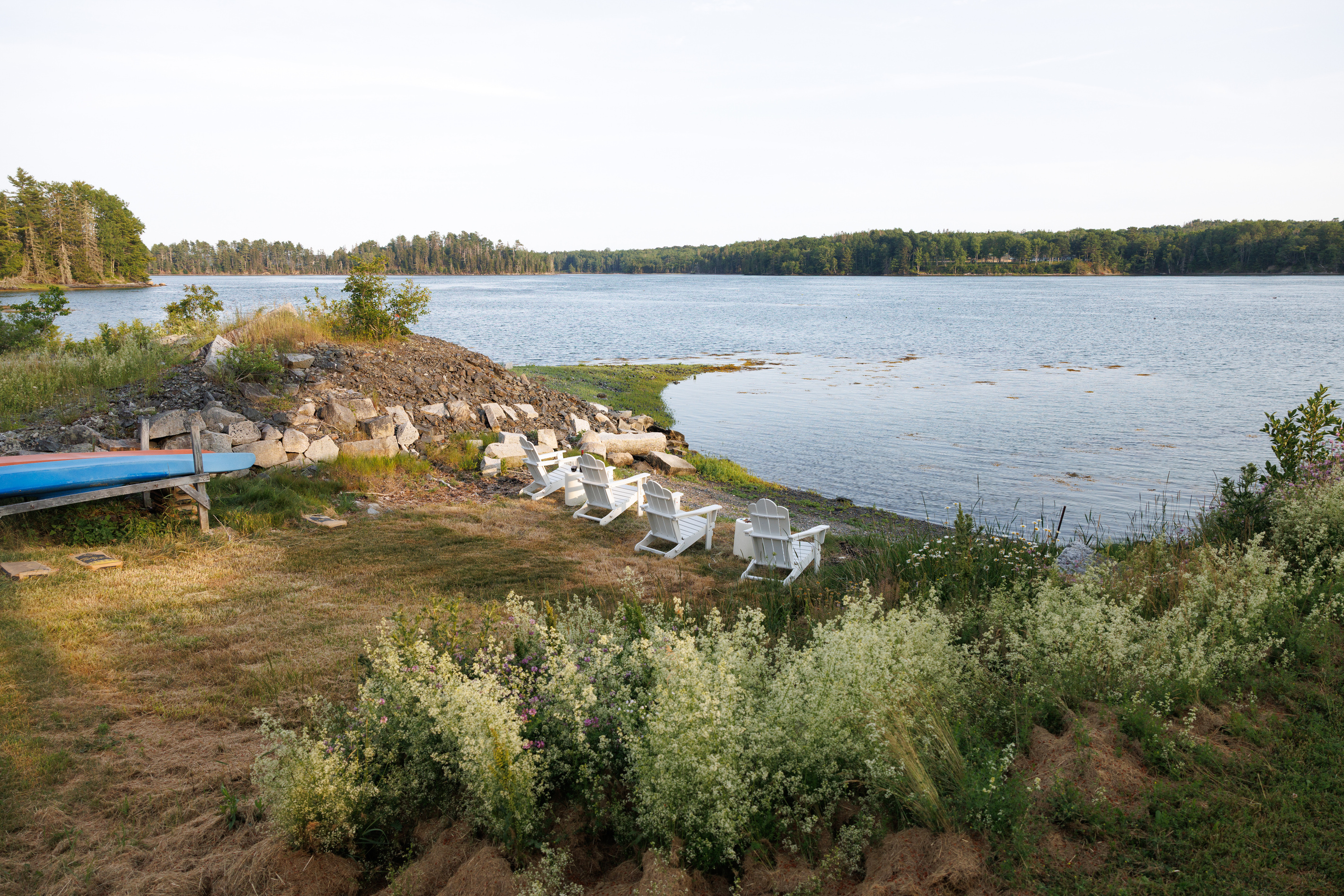 Slide the kayaks into the cove, pick a direction, and start paddling — open water opens up within five minutes of leaving the shore.