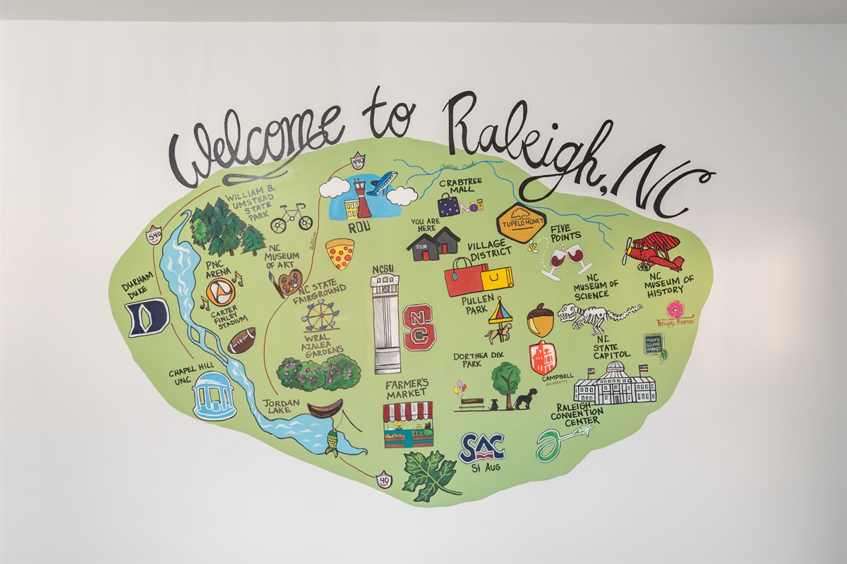 This stunning mural showcases key points of interest in Raleigh.