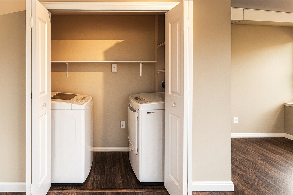 Convenient laundry area with full-size washer and dryer—ideal for extended stays after days at Madeira Beach and exploring John's Pass in Seminole.