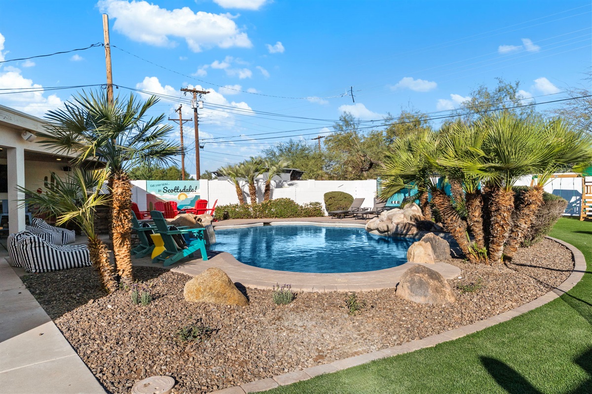 Features- Spill-Over Hot Tub; Heated Pool ($75/day optional add on); 2 Large Cabanas; Firepit seating 8; Soccer Field with 2 Goals; Outdoor Bowling; Ask about "Drive Up Movie Experience" & Concierge