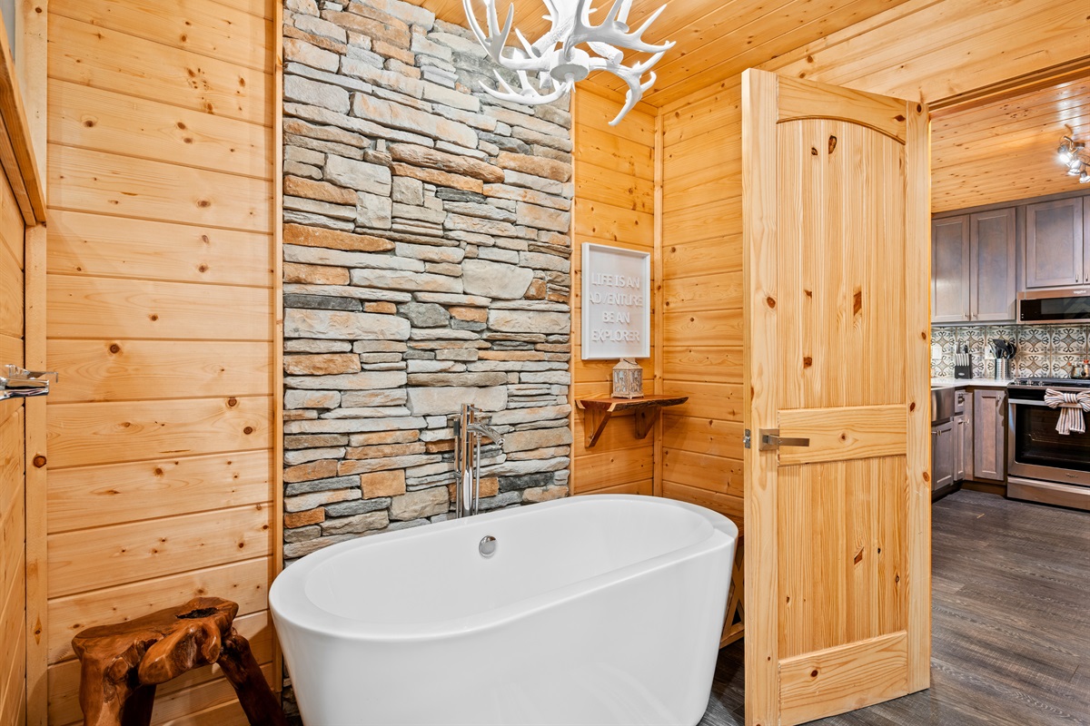 The freestanding tub creates a spa-like feel, perfect for slowing down and enjoying a quiet moment.