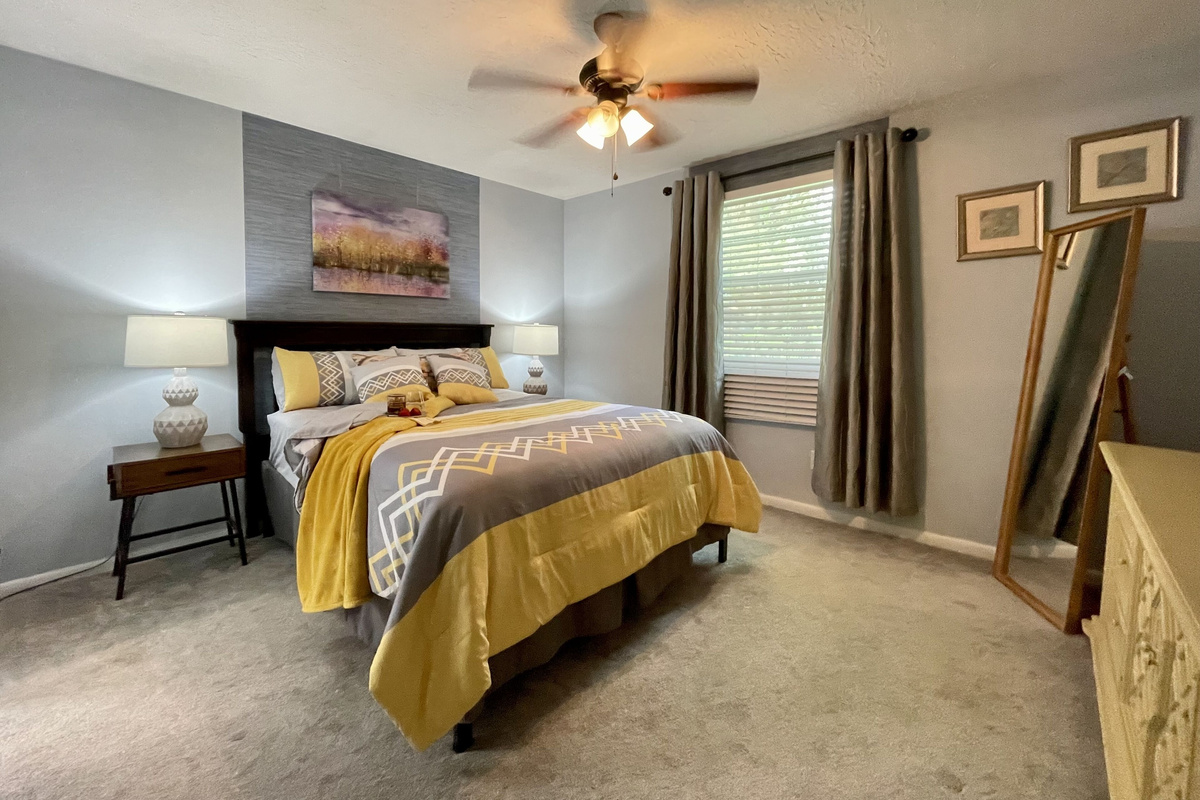 Bedroom 1: Full-length mirror, side lamps, USB outlets. TV, walk-in closet.