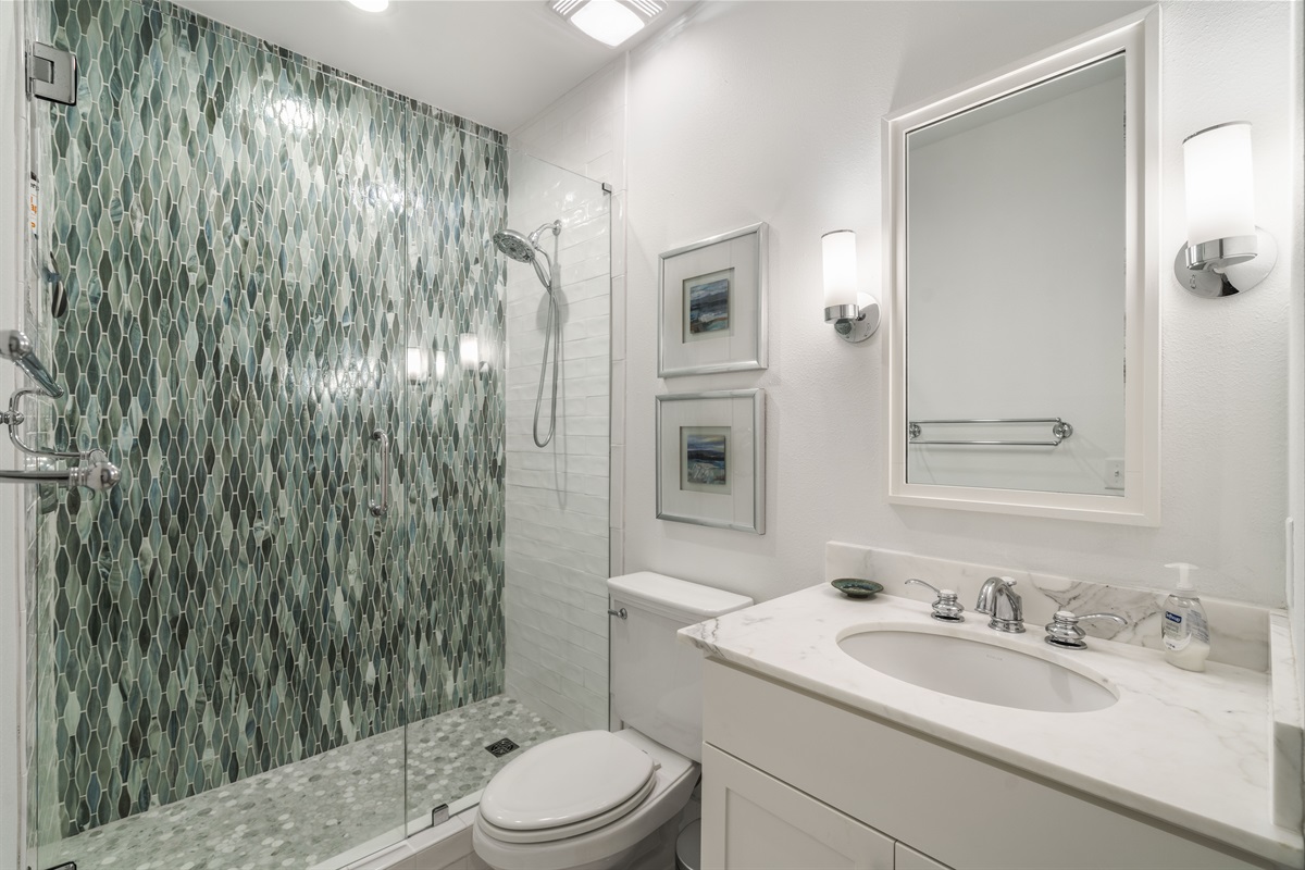 Hallway Bathroom with Walk-in Shower Across from Guest Bedroom 2