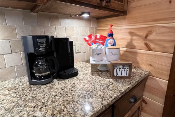 Coffee station stocked for mornings before adventure—fresh brews with a view.
