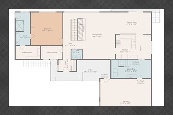 Hilltop Oasis's main floor plan. The main floor connects with The Oasis Abingdon with an internal stairwell (by fireplace).