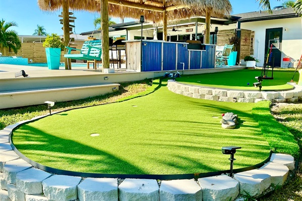 Enjoy traditional putting, or create a croquet game with accessories provided in the game area