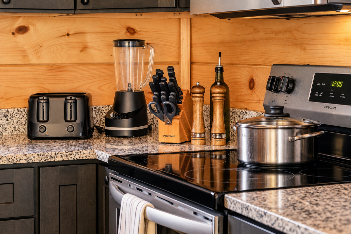 Toaster, blender, knife set, and spice mills for hearty home-cooked meals.