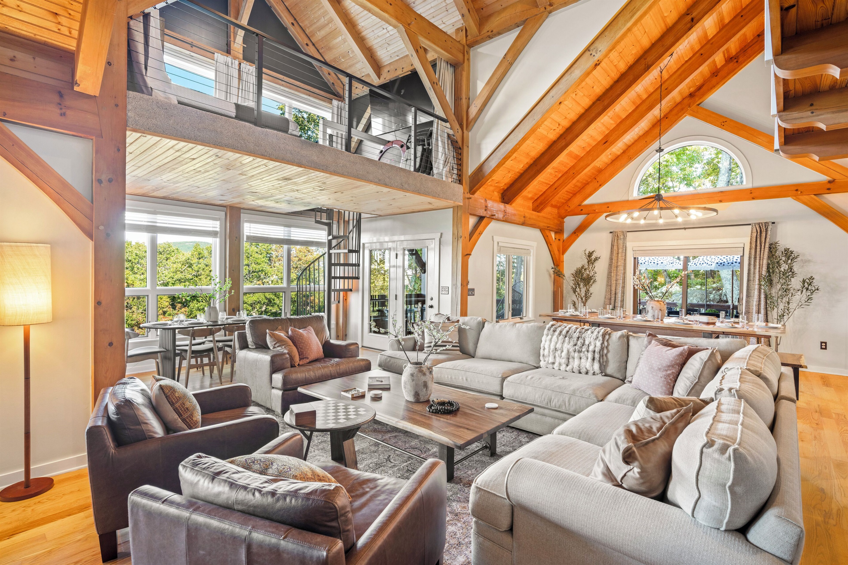 Stunning living room with post and beam architecture