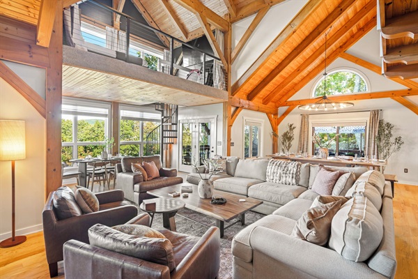 Stunning living room with post and beam architecture
