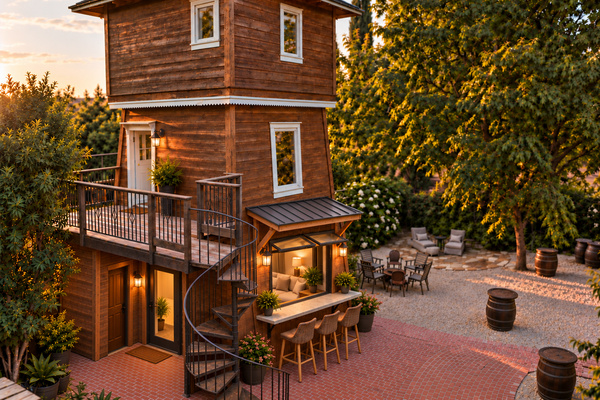 Rising above the courtyard, the original 1882 water tower once held the property’s water tank. It is currently undergoing a renovation and so not a part of the rental, but soon! (Note: photo is a rendering.) 