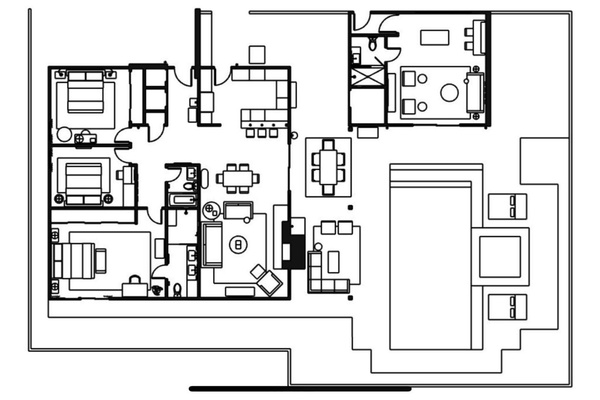 Indoor and outdoor floor plan - not all furniture is exact.