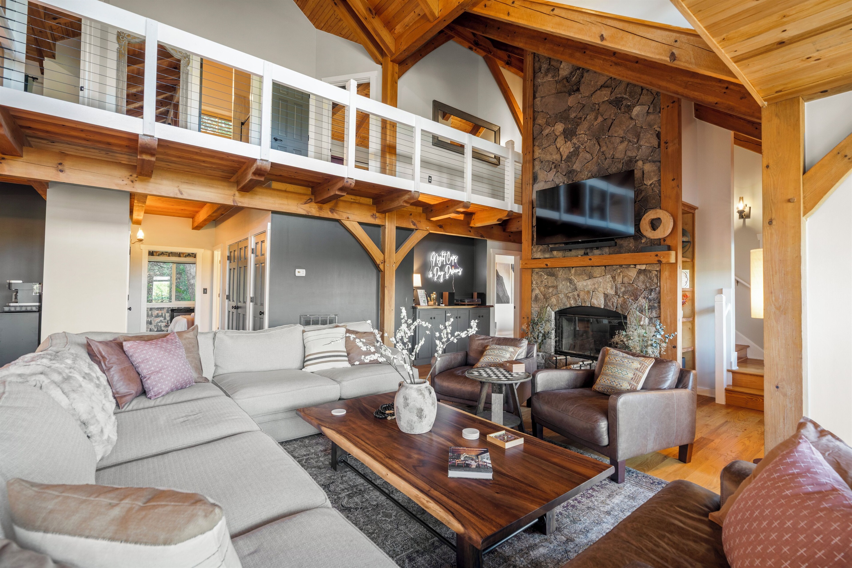 Stunning living room with post and beam architecture