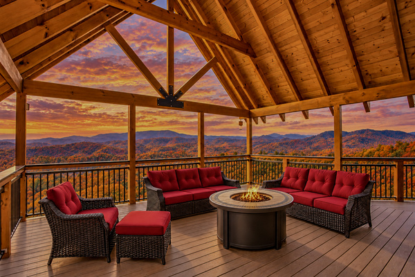 Fire table glow and multilayer mountain views on the first-level balcony, Splashing at the Bluff