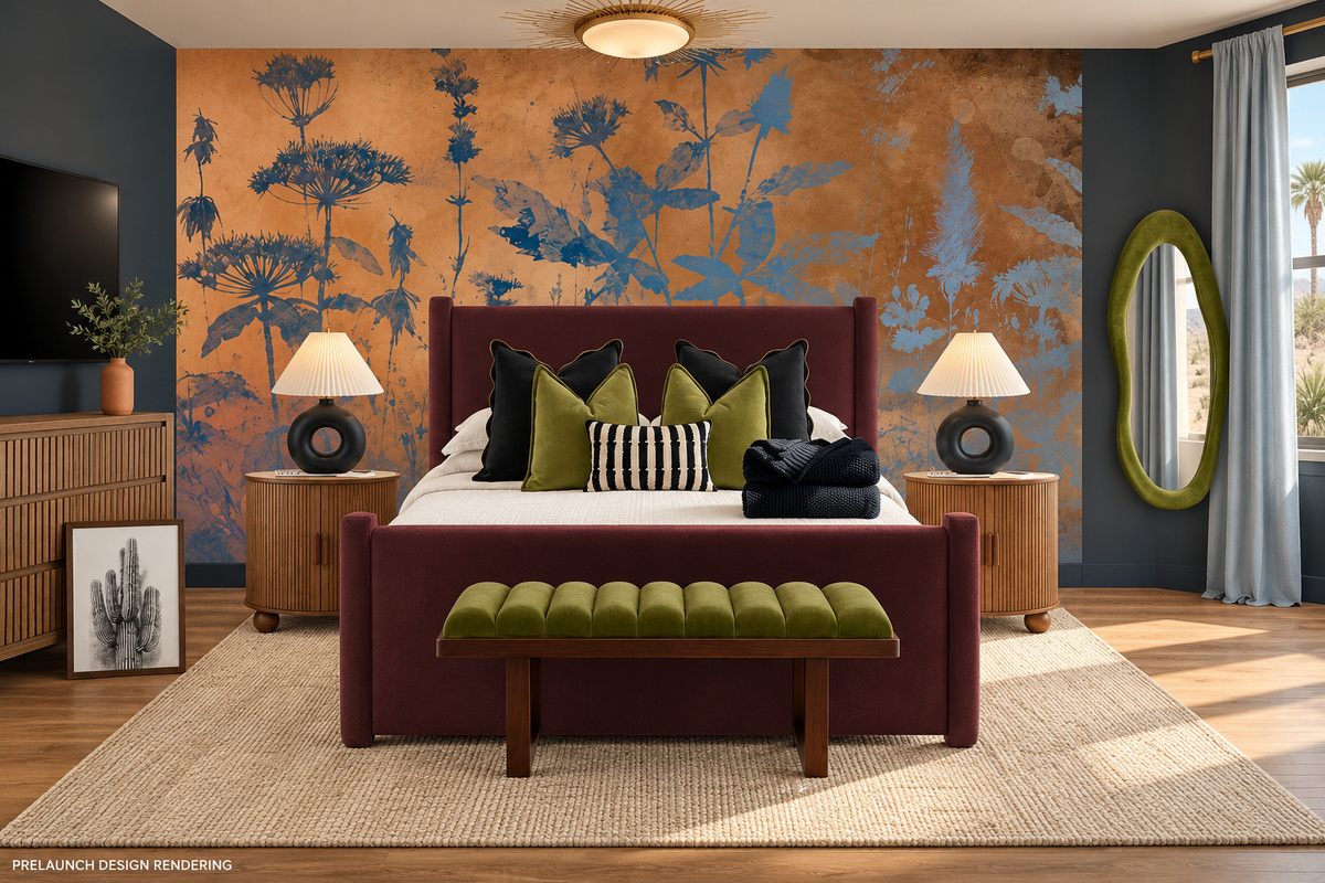 {Bedroom 5} Retreat to rich merlot, olive accents, and a striking botanical backdrop. This inviting King bedroom is made for quiet mornings together before another day of Scottsdale adventures.