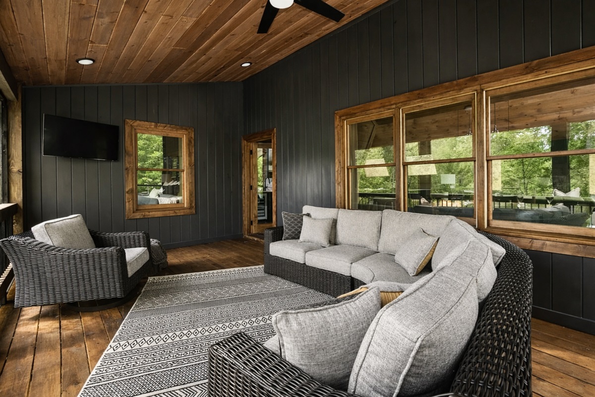 Deckside living, cozy yet refined. Sip coffee, breathe cold mountain air, and watch the day unfold from your private forest retreat.