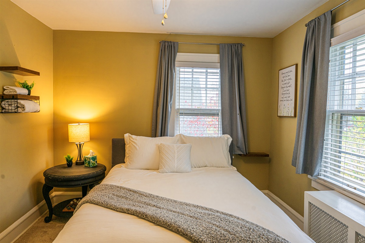 Bedroom #3-Blackout Drapes, Toileties Shelf, Comfy Chair & Nightstand