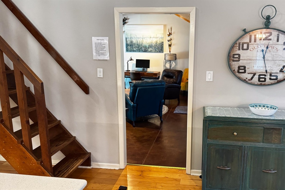 Doorway from Kitchen/Dining area looking into the Lobby Area.
