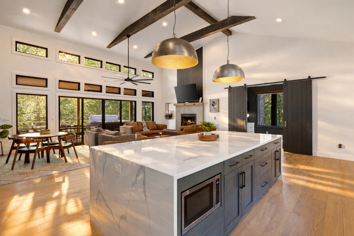 Cook, connect, and unwind around the oversized island before settling in by the fire for a cozy night in.