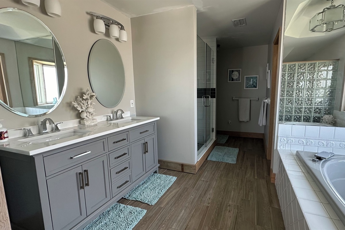 Main bedroom bath with garden tub and separate shower and double vanity