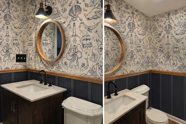 Second-floor powder room near the loft and deck, with stylish wallpaper, warm accents and convenient access.