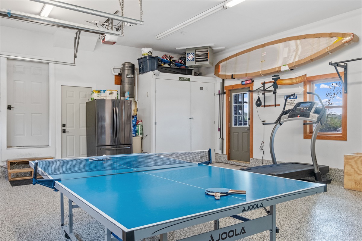 Garage with ping pong, parking for 3 cars, ev chargers, treadmill, and weights, also has a black light system and a bluetooth speaker