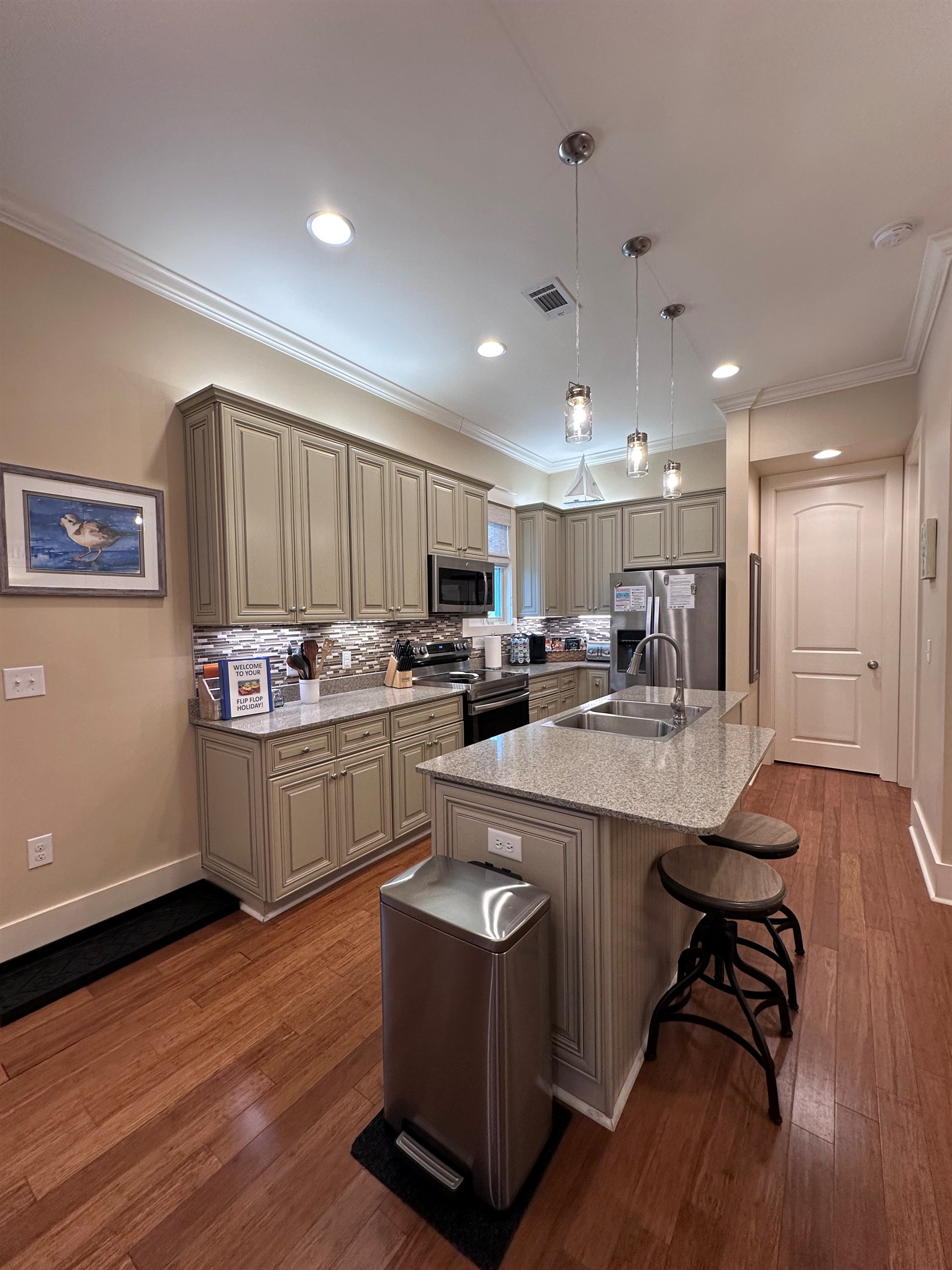 Our full-size kitchen is fully stocked and well organized for your convenience.  We even provide an ice-cream maker and crock pot! Come prepare your favorite dish!