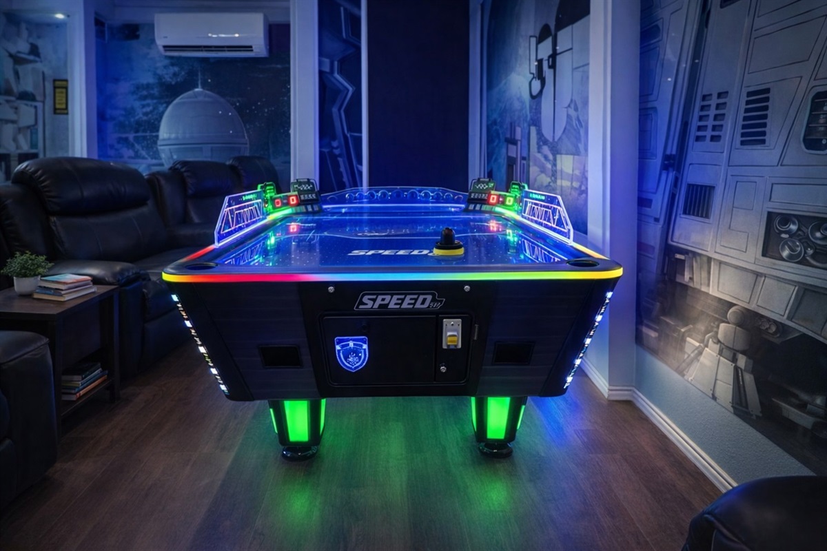 Modern air hockey table illuminated with colorful LED lights in a themed game room.