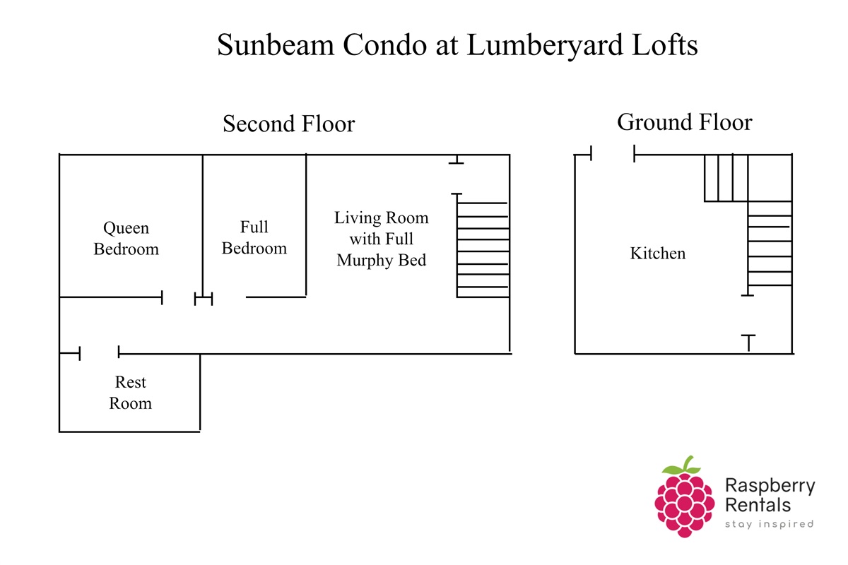 Floorplan for Sunbeam Condo showing entry into a ground floor kitchen, then up a flight of stairs to the living room with full Murphy Bed, then a full bedroom then a queen bedroom and rest room.