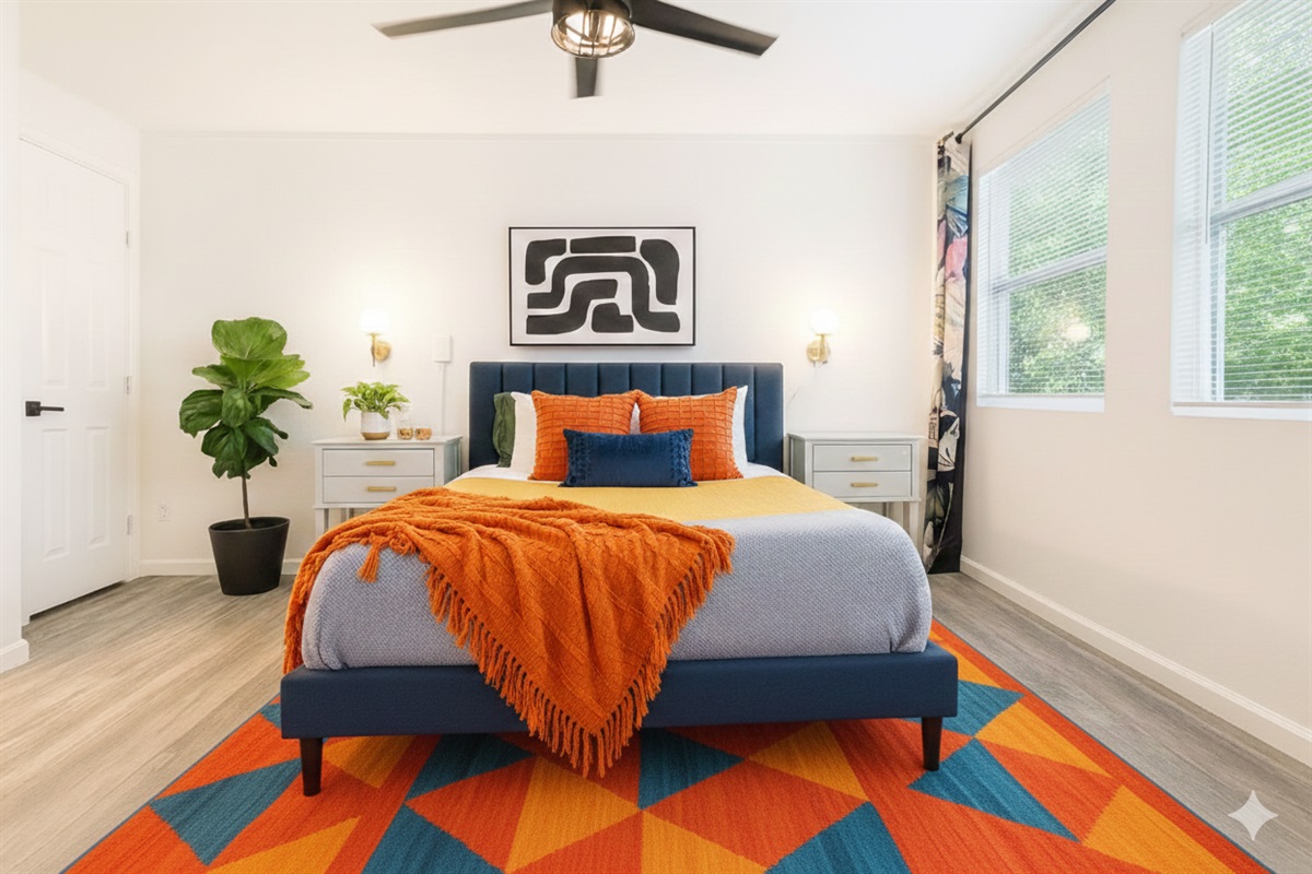 master bedroom has an ensuite full bath. queen size bed , dresser, blackout curtain