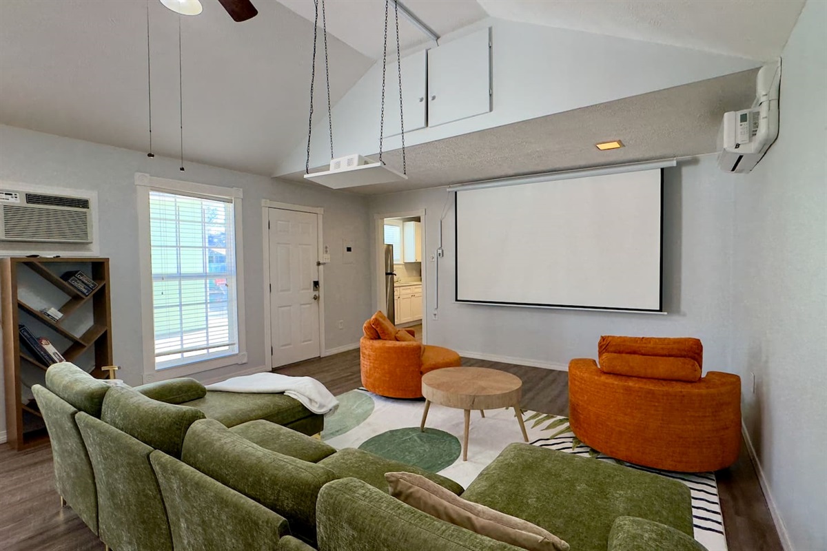 kick back on plush seating, stream movies on the big screen, and enjoy a relaxed lounge atmosphere perfect for unwinding or group hangouts.