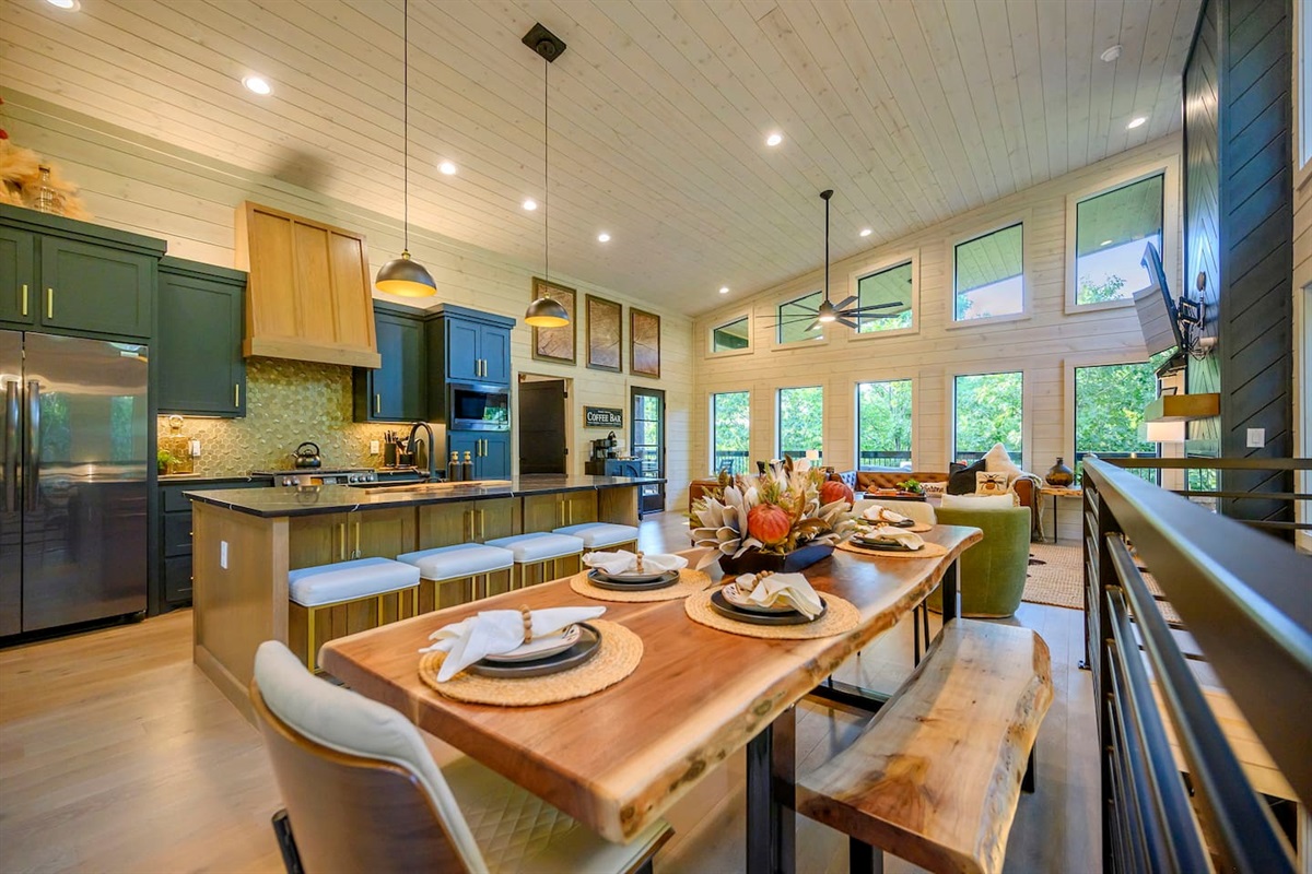 Our custom live edge dining table is one of a kind, and will sit 8 guests comfortably.