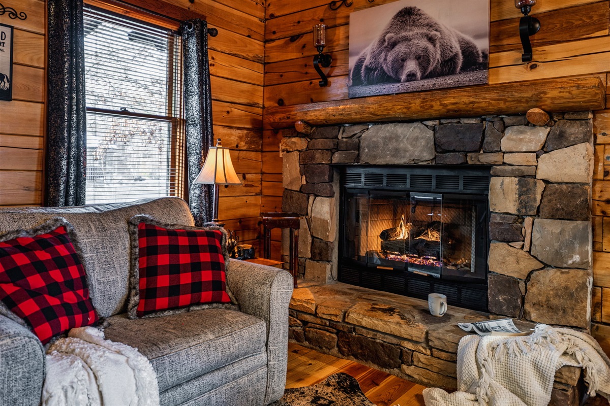 Enjoy a book next to the cozy fireplace in colder months