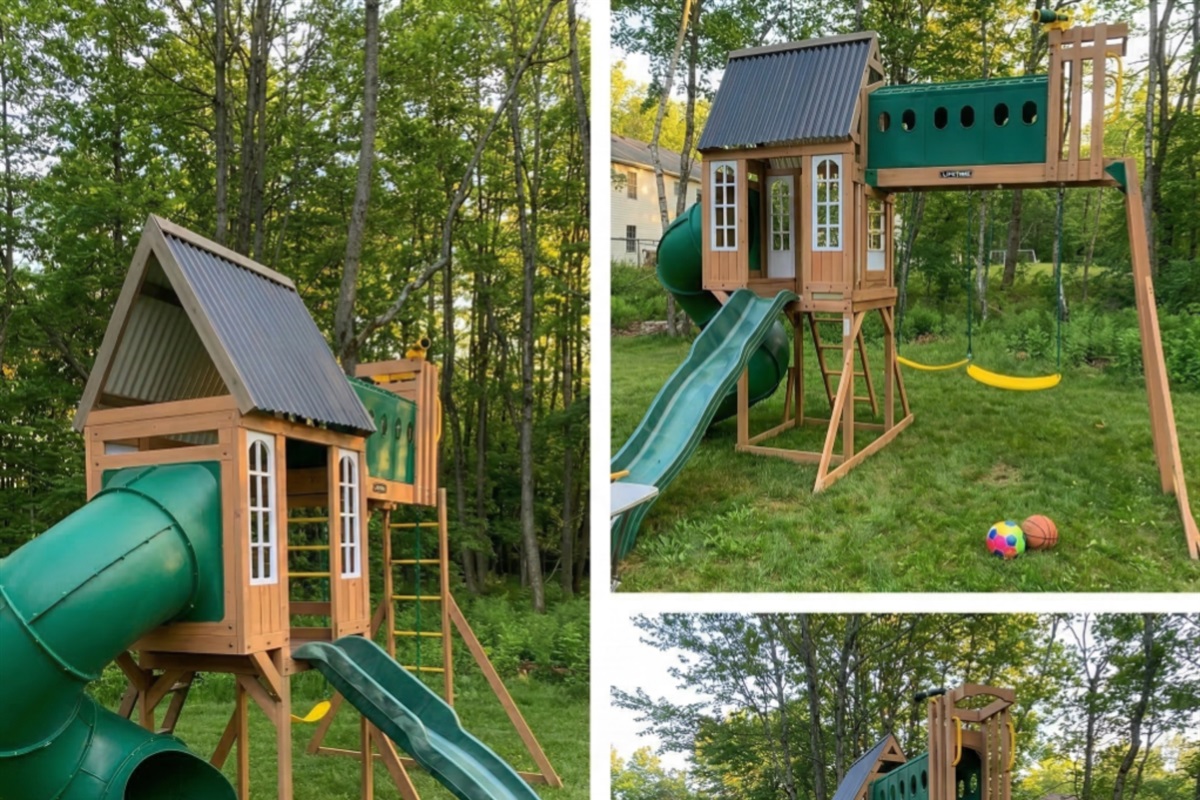 Let the kids have fun and play in our new clubhouse with a set of swings, two slides! It even comes with an eagle eye telescope! 