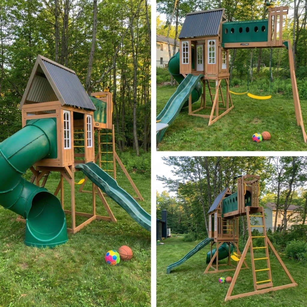Let the kids have fun and play in our new clubhouse with a set of swings, two slides! It even comes with an eagle eye telescope! 