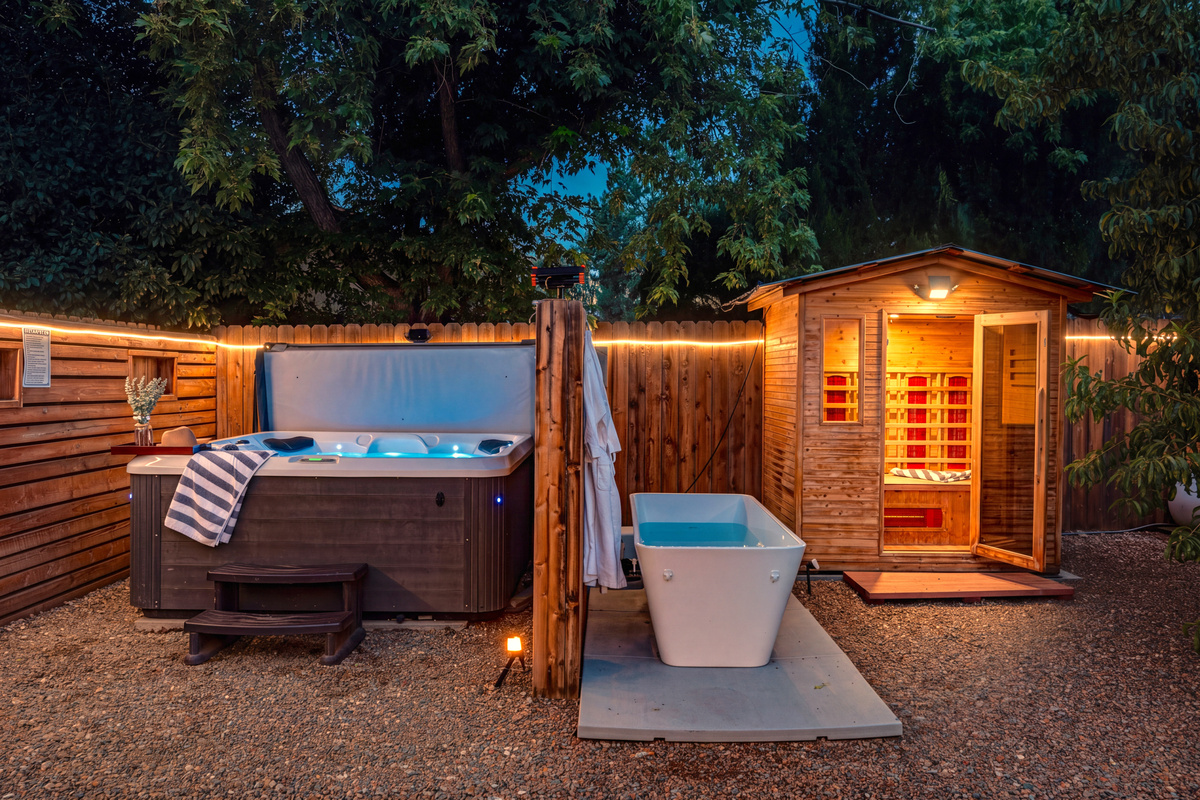 {Wellness Retreat} Your private wellness oasis features a 6-person hot tub, cold plunge and infrared sauna all just steps apart.