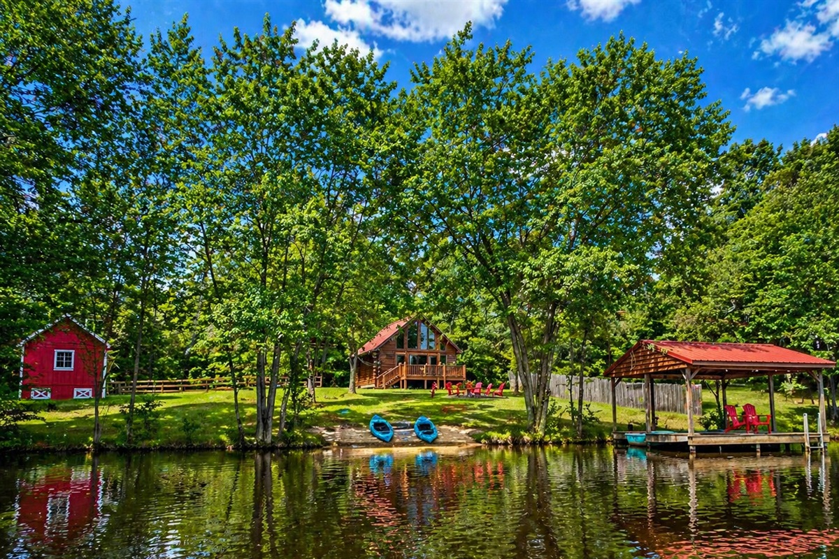 View of Cabin from the Lake. Farm Store on the left.
