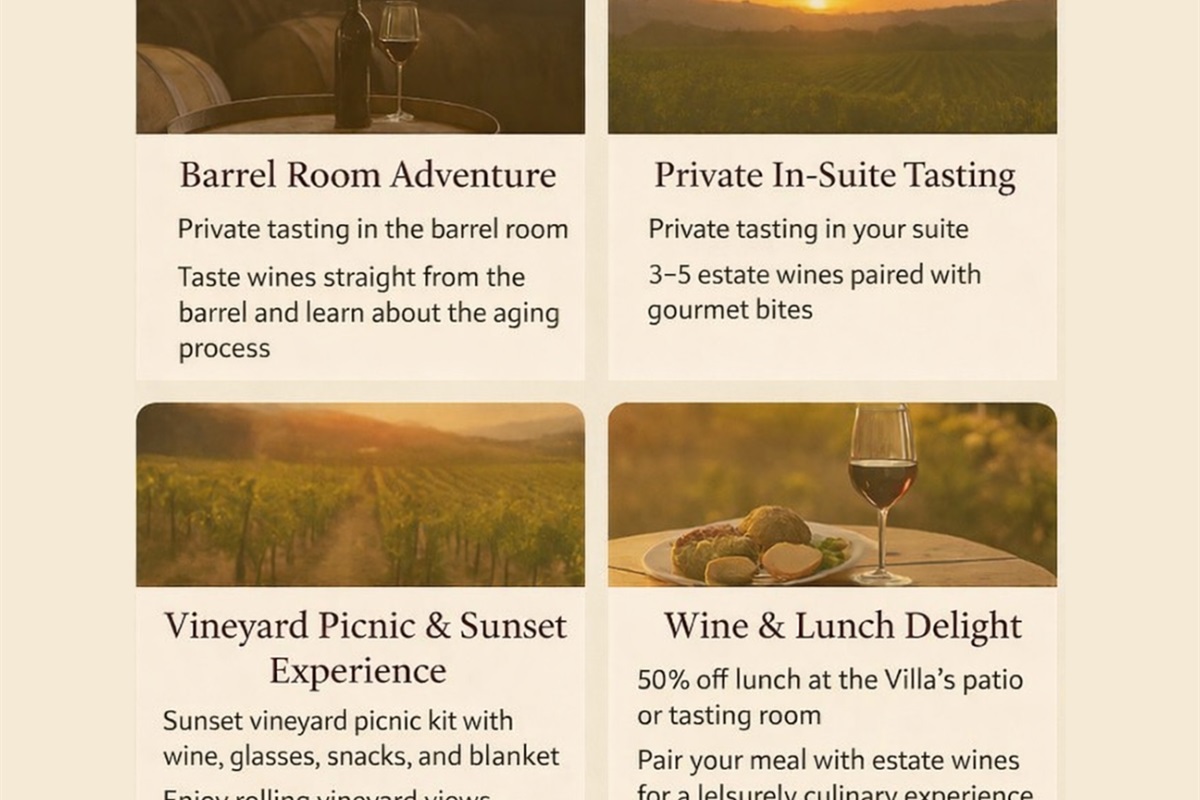 All bookings have the option to select one of the following experiences.  All experiences must be selected and arranged in advance of your stay. Last-minute or walk-in requests cannot be guaranteed.