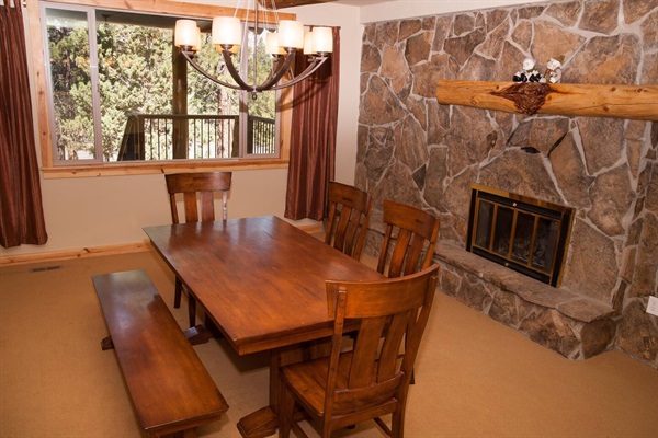 Dining room with wood fireplace