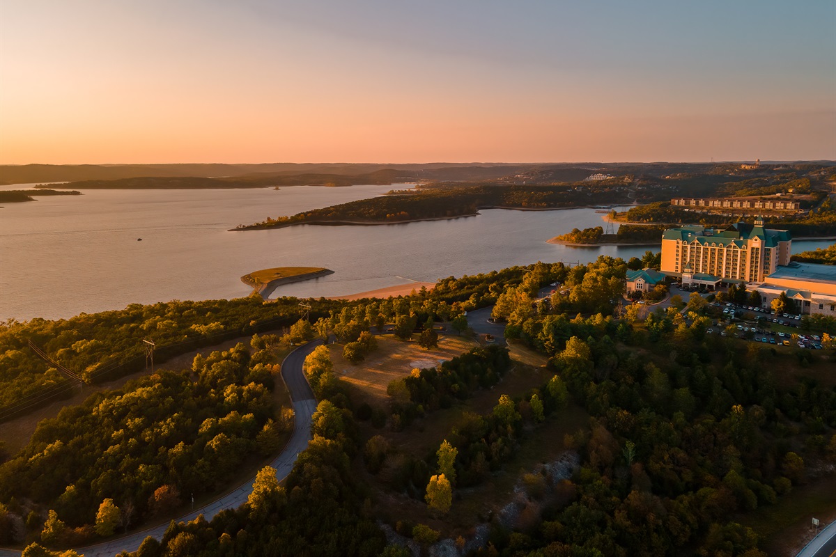 Chateau on the Lake glows above the shoreline near the condo’s end of Table Rock.