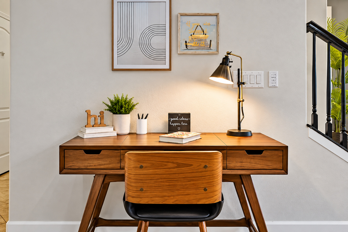 Easy to stay connected to work while on vacation with this dedicated desk area. High speed wifi means you can stay connected to work easily.