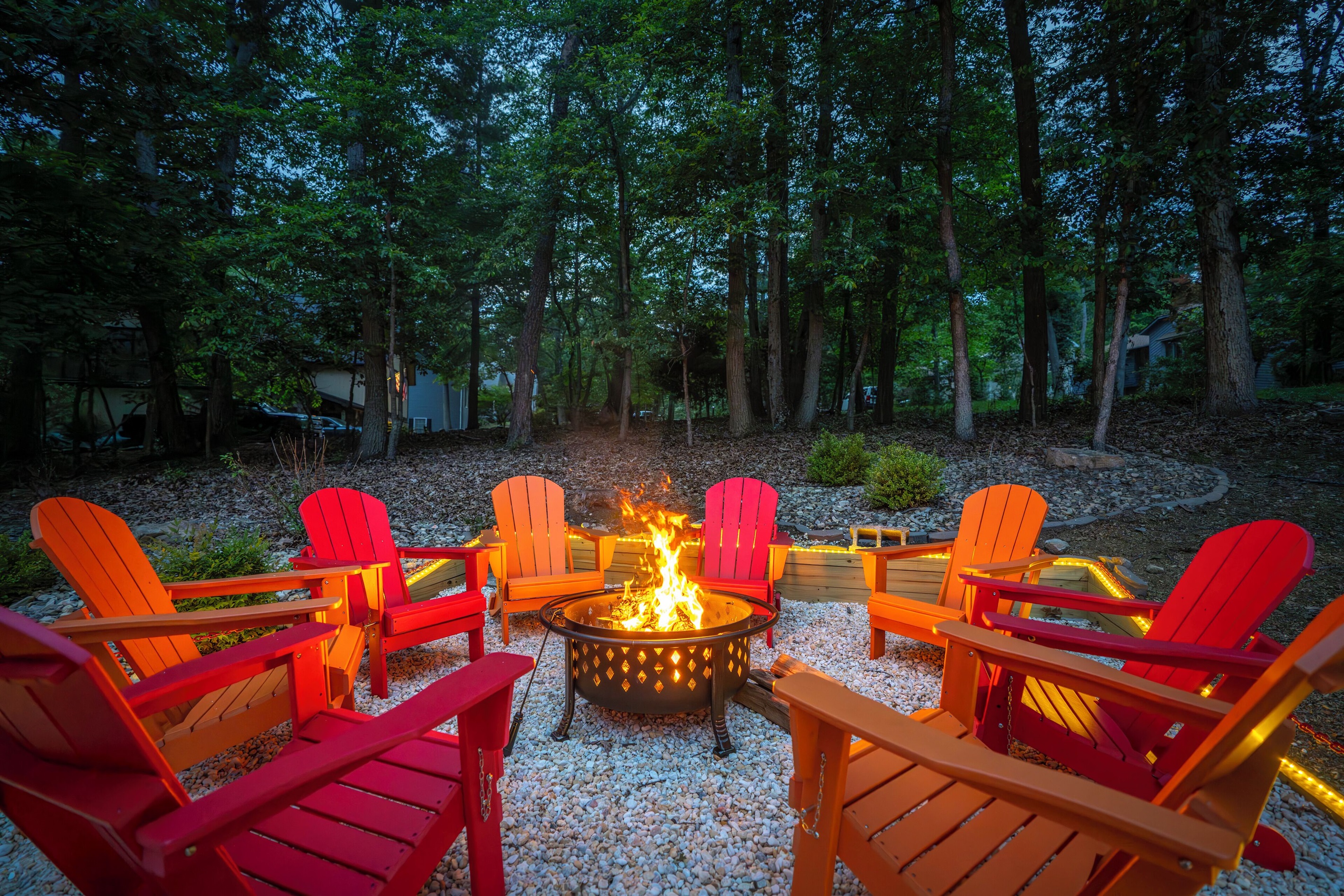 Wood-burning firepit with seating for 8. Firewood provided.
