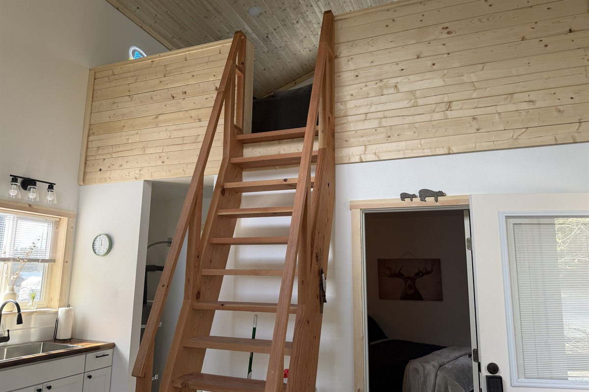 Main floor area.  Bedroom is to the right front.  Bathroom and laundry are to the right rear.  Ships ladder access to the loft living area and additional sleeping space.