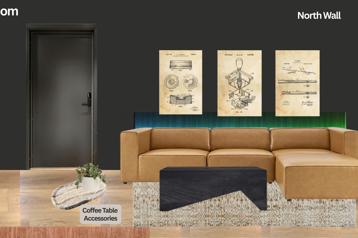 Entertainment lounge with modern sectional seating and playful décor.