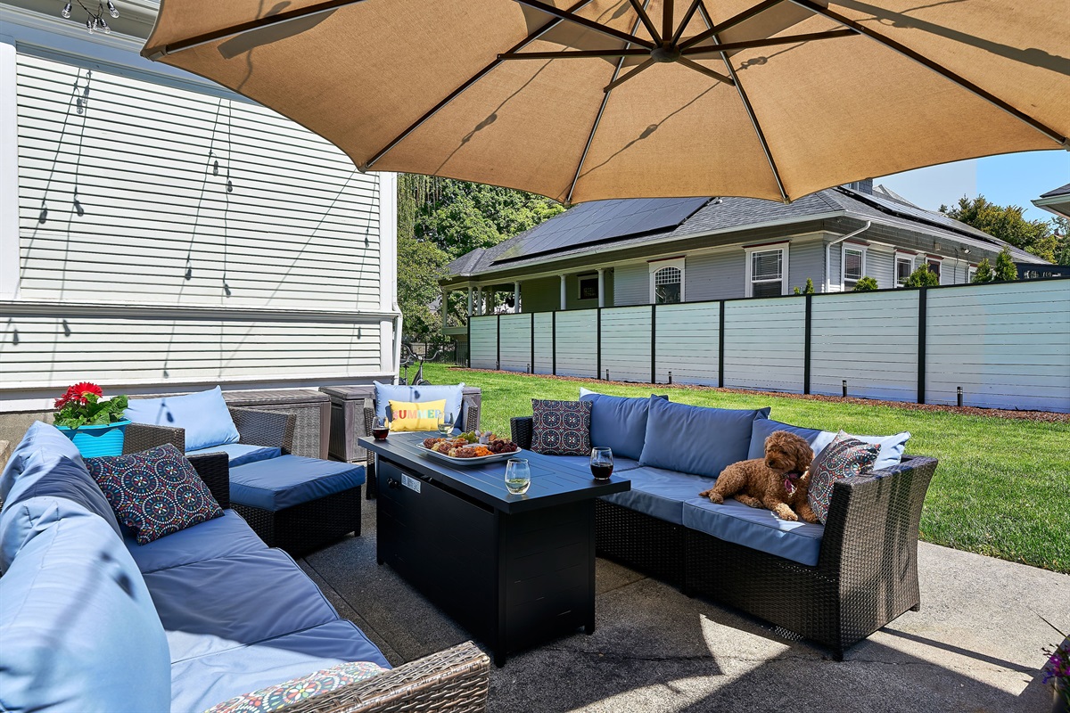 Back patio, surrounded by mature trees and historic charm and equipped with lounge seating and BBQ (propane provided)