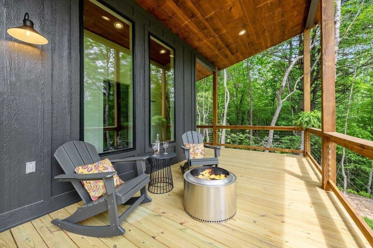 Front porch with solo stove fire pit as you look out at the mountain views.  A great place for coffee in the morning and relaxing at night.