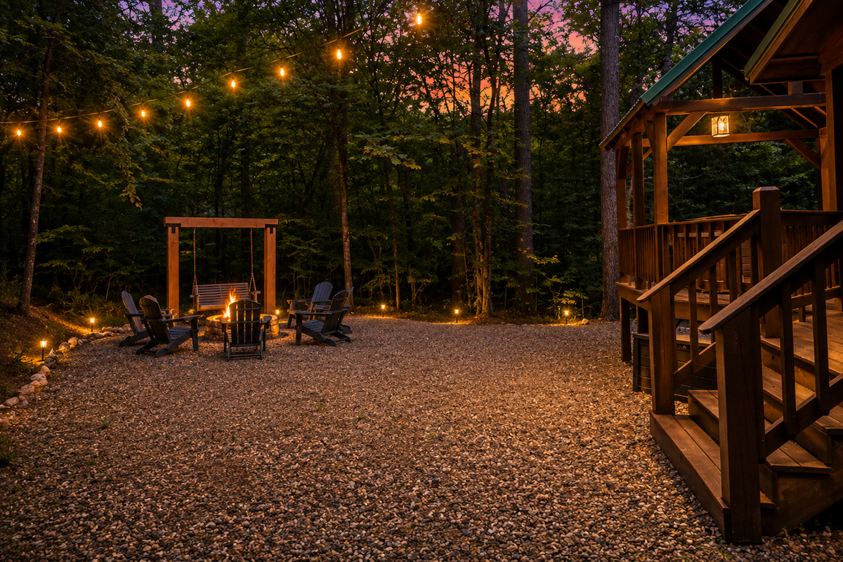 Firepit off the back deck with swing and laid back seating