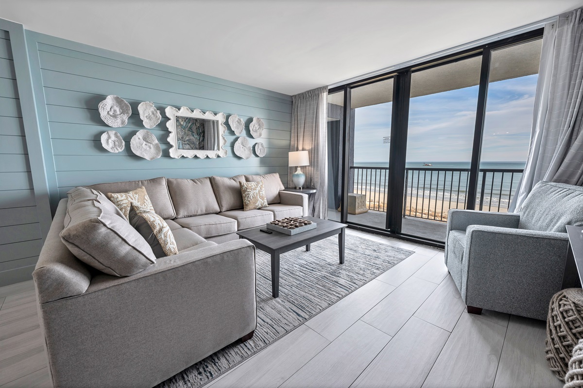Beautifully updated and modern living room with beautiful ocean front view!