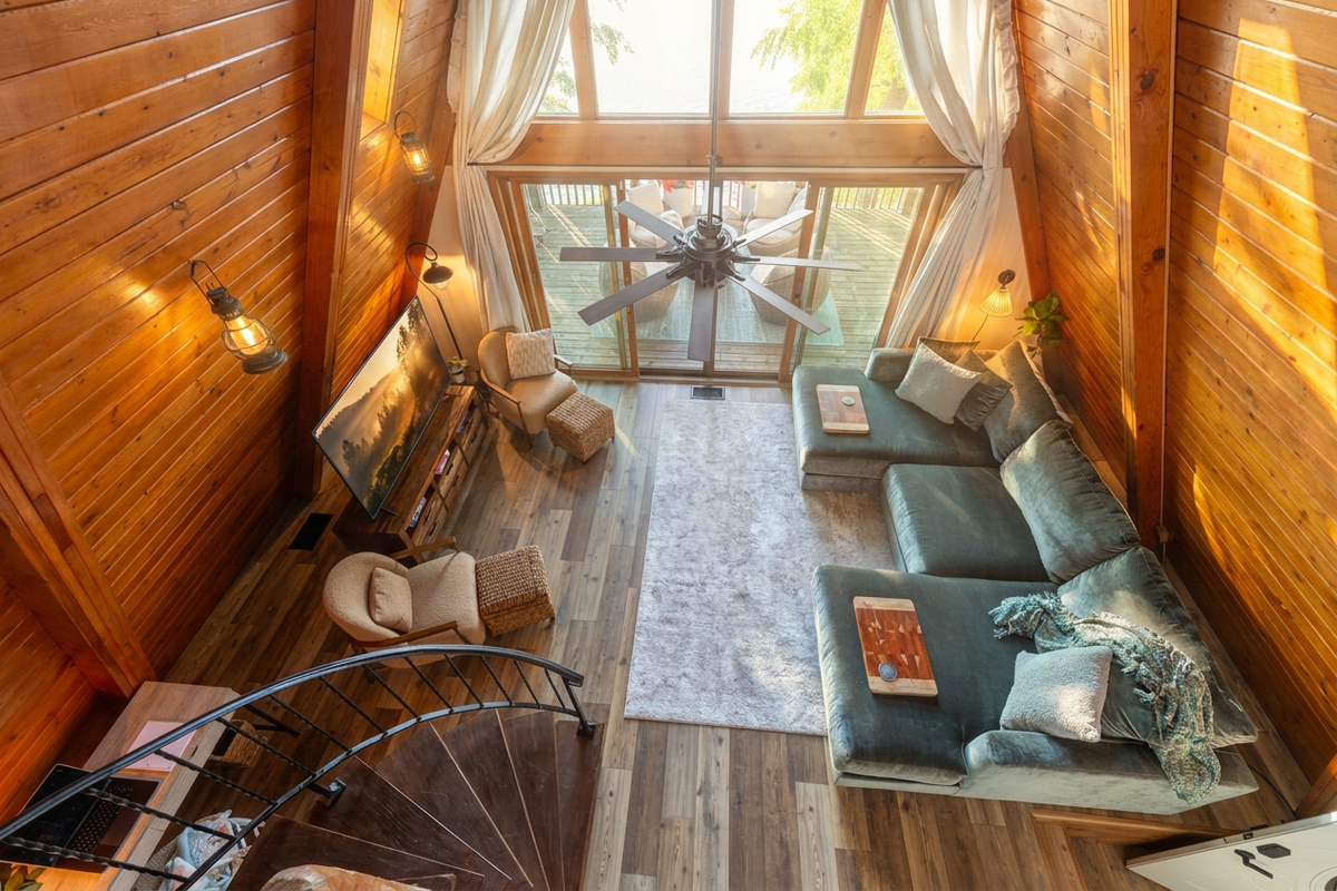 Warm vaulted ceilings, huge comfortable sofa and giant TV all add to the character and calm of The Ridge living room.